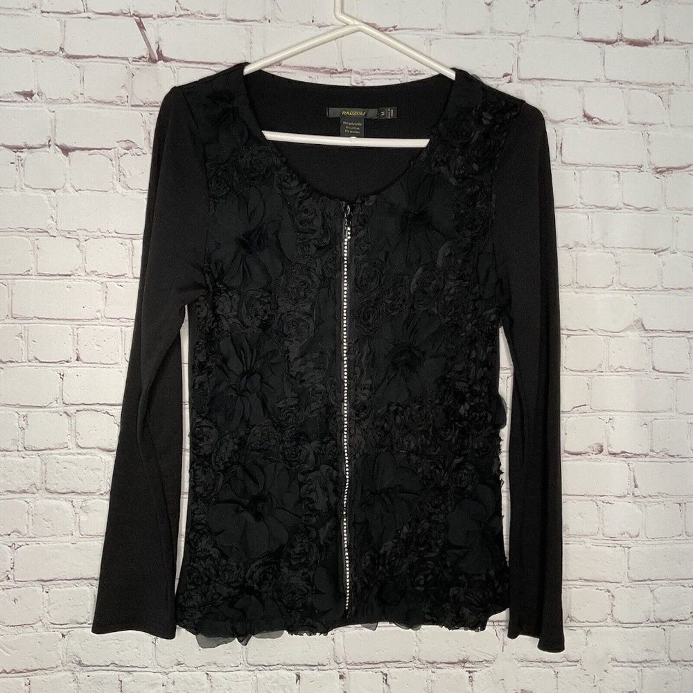 Radzoli Women's Black 3D Rag Flower Full Zip Cardigan Jacket Size M